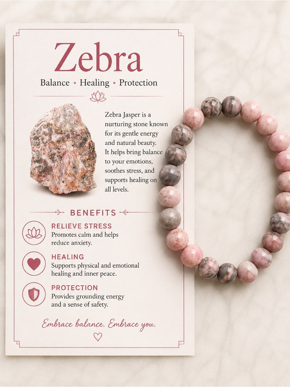 💞Zebra Jasper Pink and Gray Beaded Bracelet💞